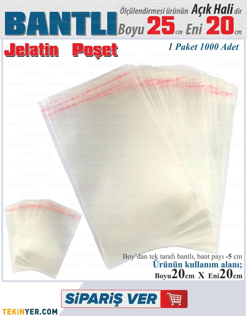 20 * 25 cm Bantlı Jelatin Poşet