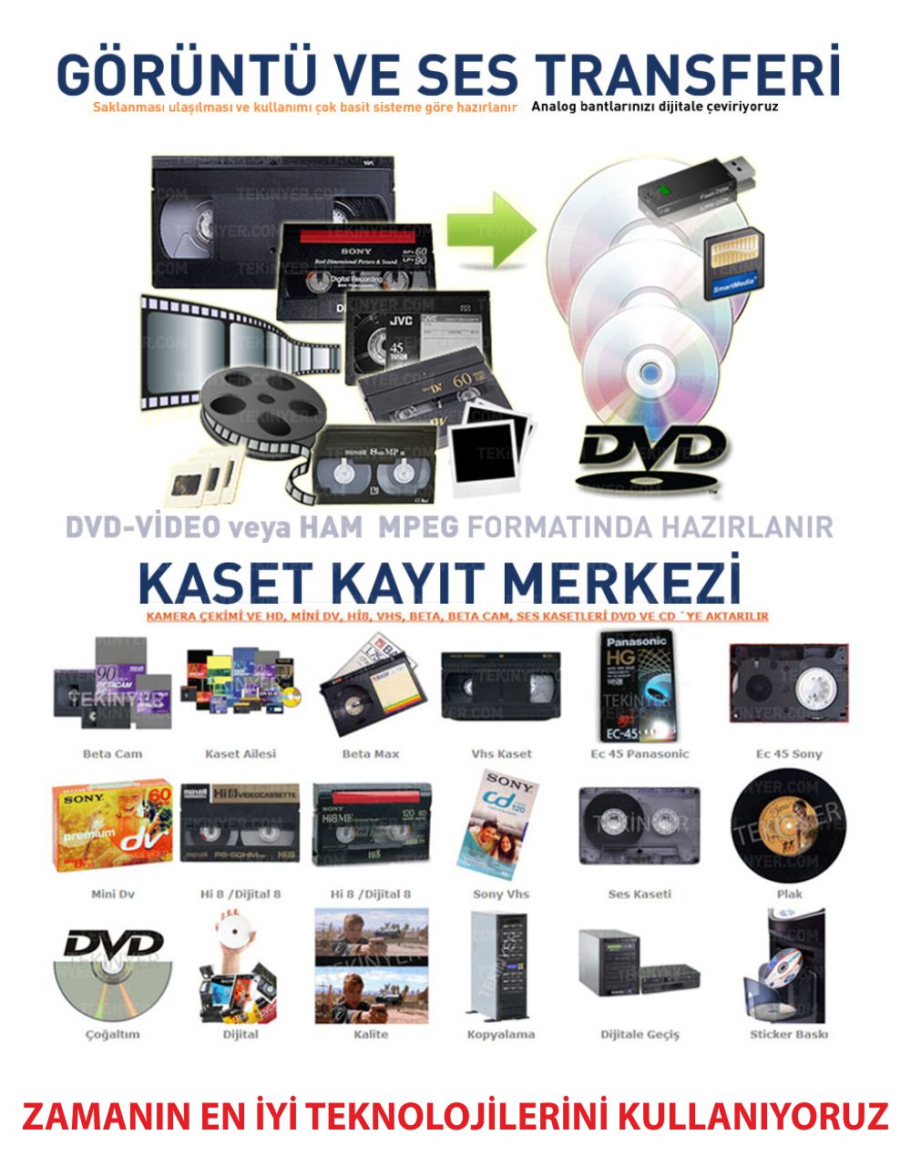Vhs Betamax Hi8 Dijital8 Mini DV Kasetten Aktarma Kasetten Zamanın en iyi teknolijilerini kullanana Aktarım Kayıt Merkezi
